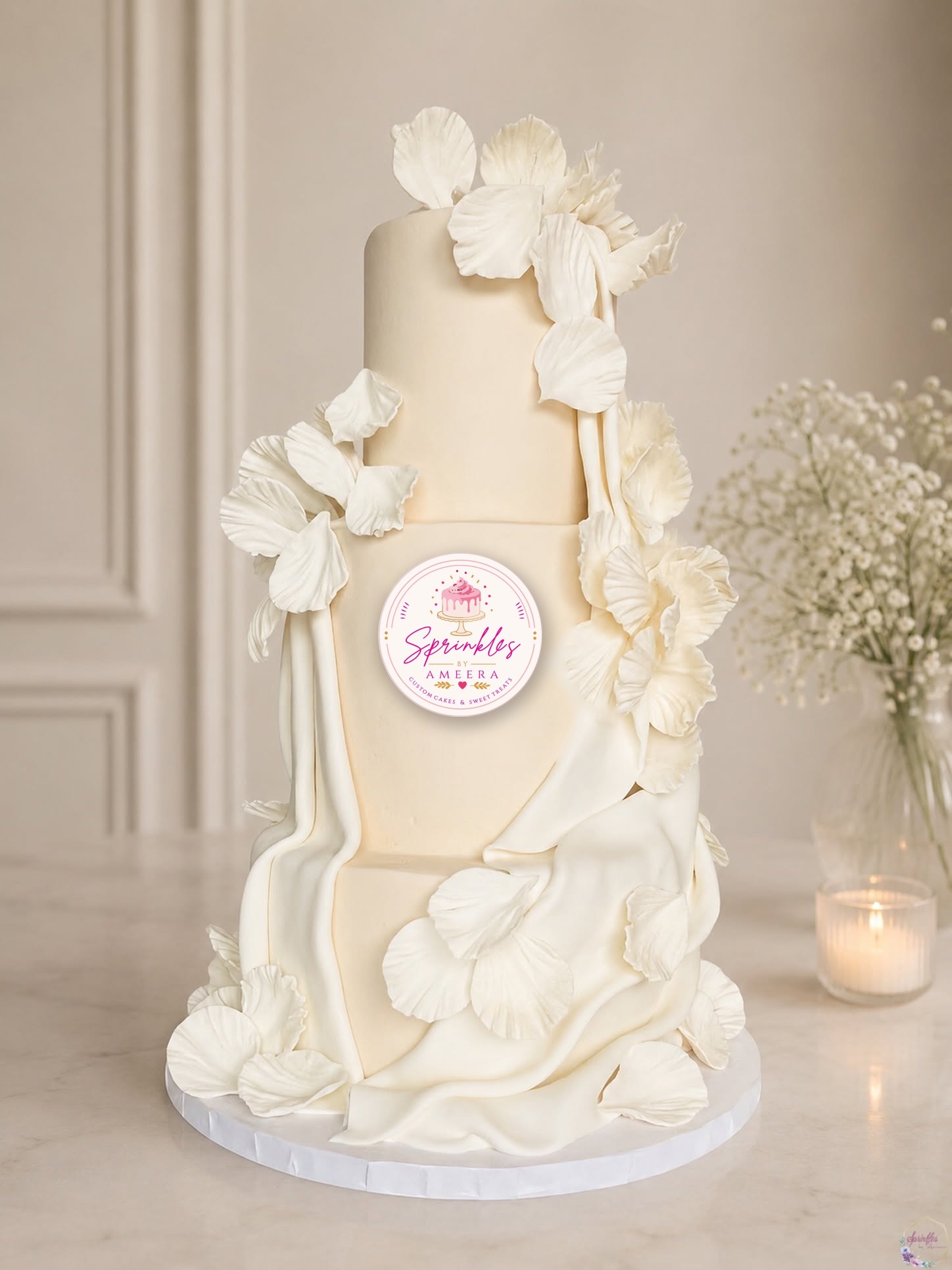 A tall ivory Sprinkles by Ameera wedding cake with hand-shaped sugar flower petals, cascading fondant drapery, and the Sprinkles by Ameera logo